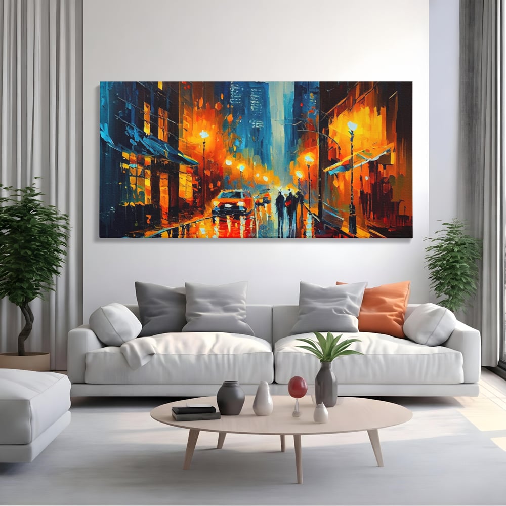 Tablou canvas cu pictura stradala cu oras plouat, fara rama, pe sasiu de lemn, pe perete intr-un living